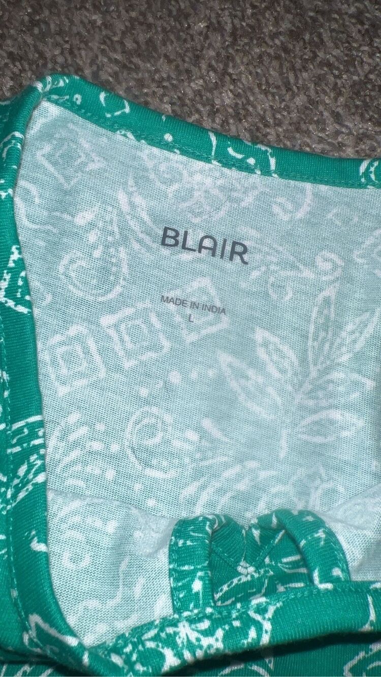 Blair Women’s Large Green White Print 3/4 Sleeve Tunic Top Casual Blouse - Picture 2 of 2